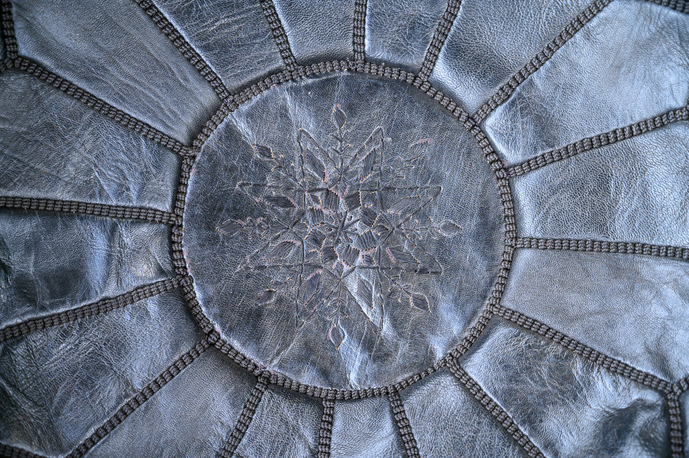 Moroccan leather puff silver